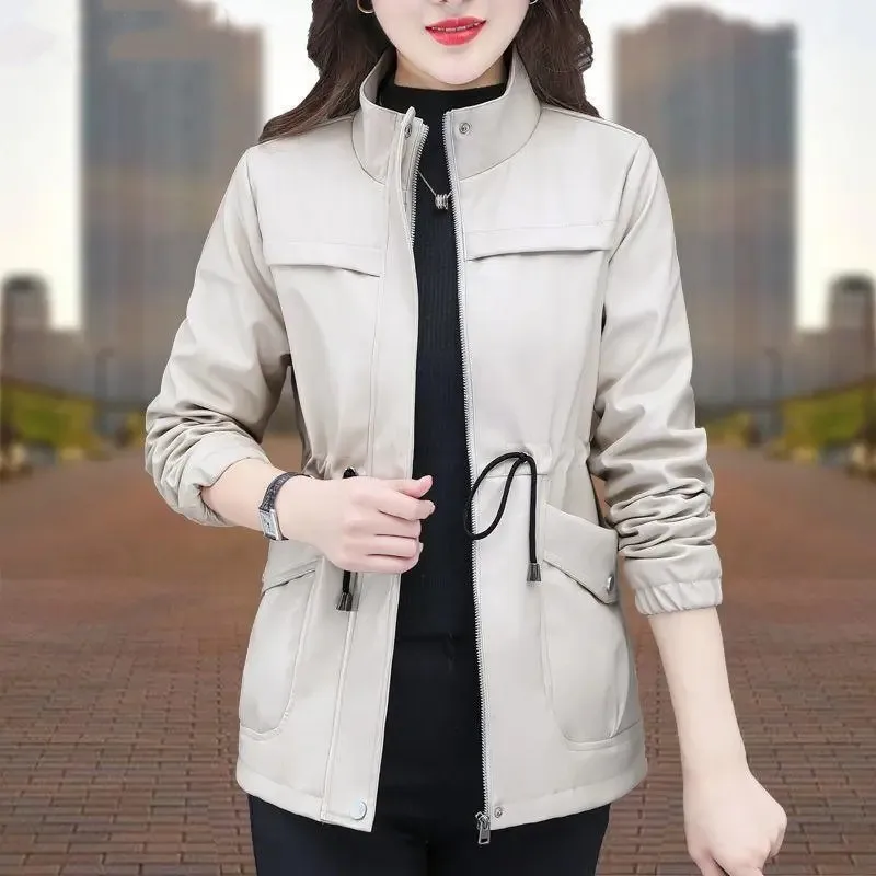 Women\'s PU Leather Jacket New Autumn Stand Collar Leather Coat Female Mid-length Faux Leather Coat Casual Leather Windbreaker