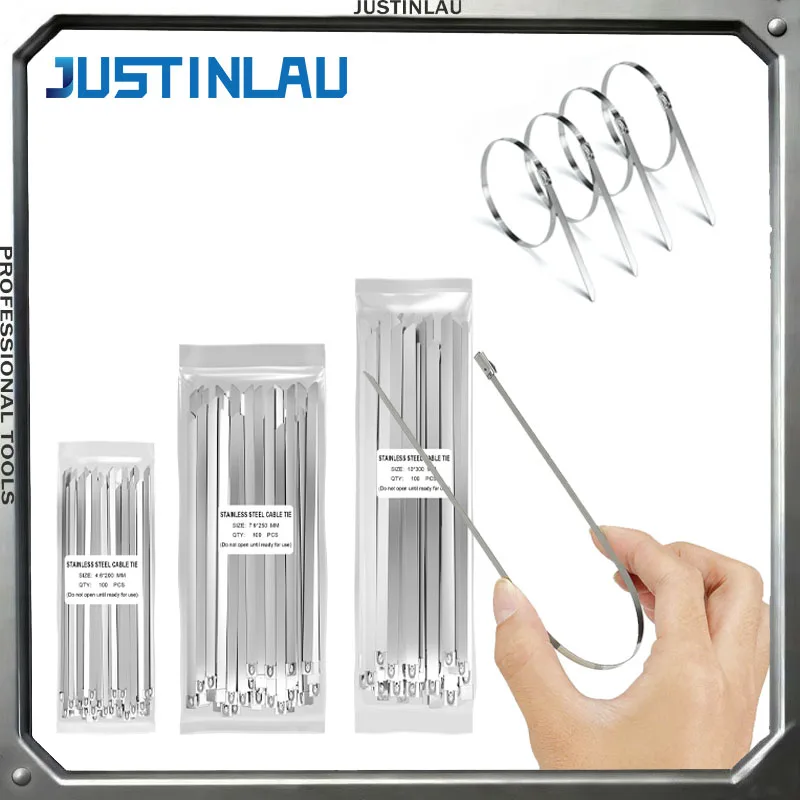 JUSTINLAU 100 Stück 4,6mm Edelstahl-Kabelbinder Hochbelastbare Selbstverriegelnde Kabelbinder Mehrzweck-Metall-Kabelbinder mit Verriegelung