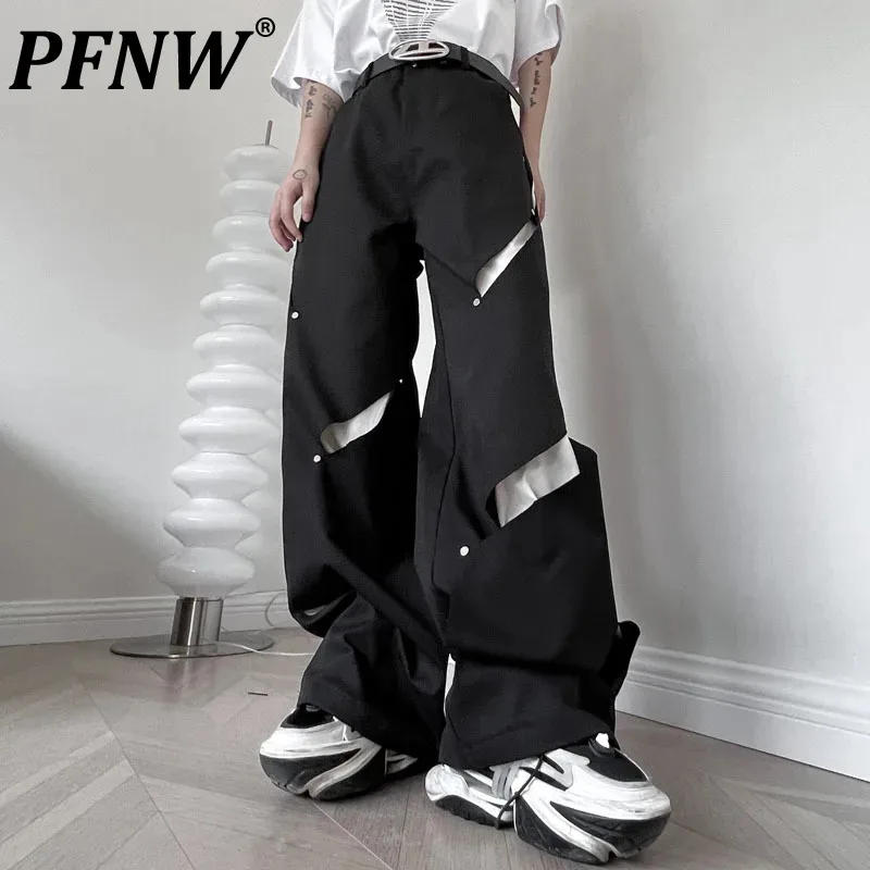 

PFNW Stitching Color Men's Ripped Casual Pants Rivet Korean Fashion Male Niche Design Wide Leg Trousers Autumn 2024 New 28W1269