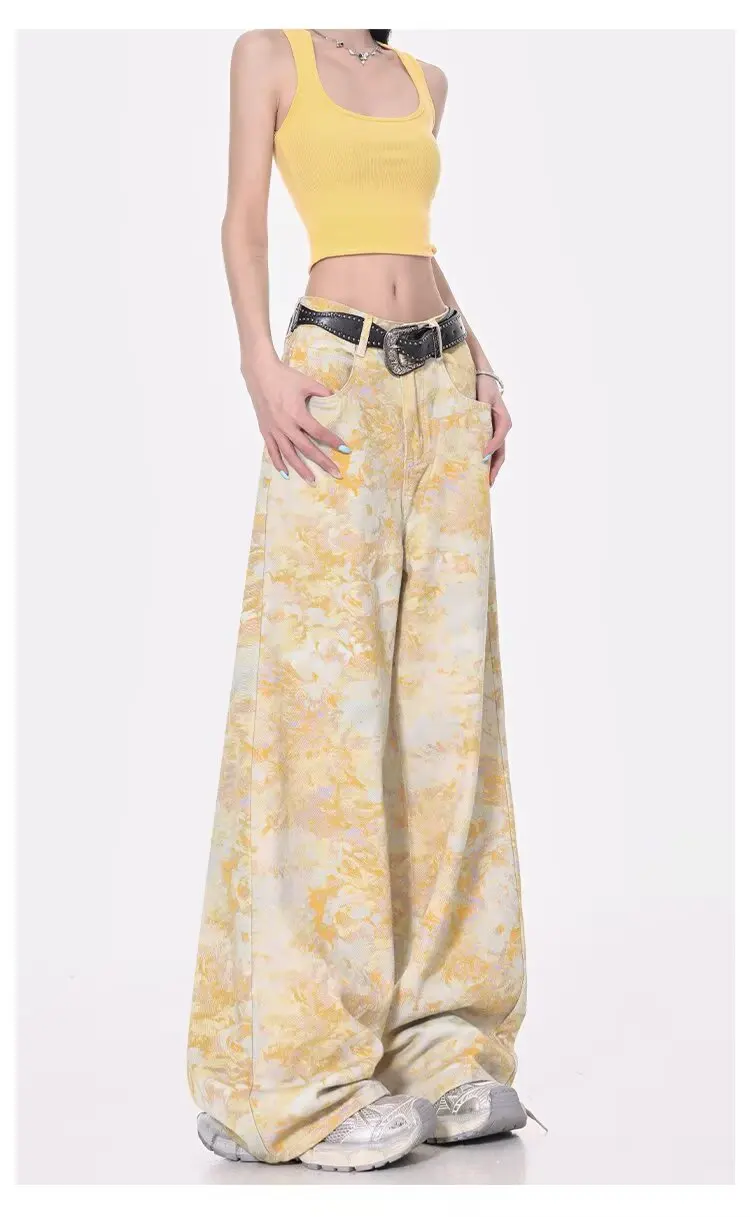 Y2K خمر الأزهار طباعة عالية الخصر شارع العليا مستقيم الجينز السراويل الكورية أزياء المرأة واسعة الساق فضفاض الدينيم بنطلون