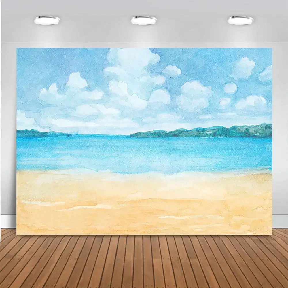 Fondo de playa de mar de verano, telón de fondo de playa de arena de concha, retrato de bebés y niños, fondo de cielo azul de nube blanca, decoración de fiesta en la playa