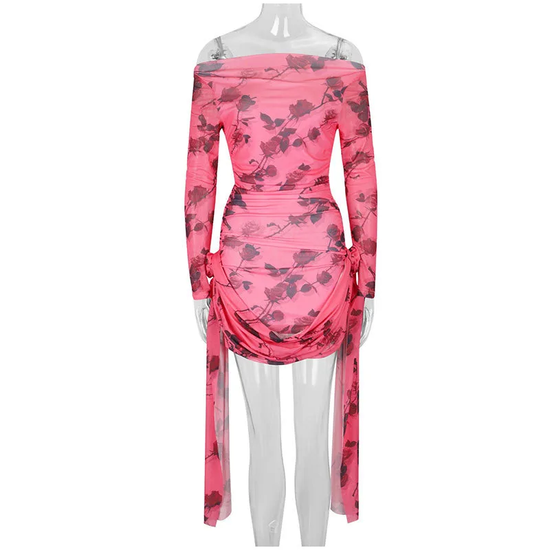 Damen Rosa Rosen-Print Transparentes Mesh-Minikleid Schulterfreies Langarm-Kleid mit Raffungen und Seitlicher Schnürung Sexy Party-Clubwear – Detail 1