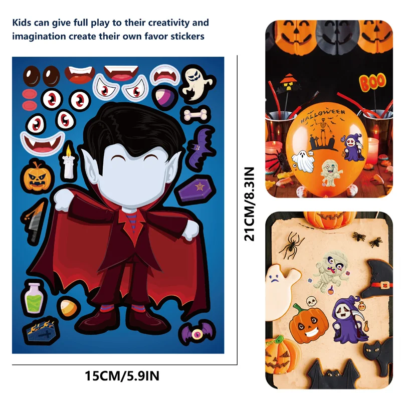 Children DIY Stickers Puzzle Crafts Create Mummy Ghost Witch Face Assemble Stickers Halloween Goodie Bag Fillers Toys Party Gift