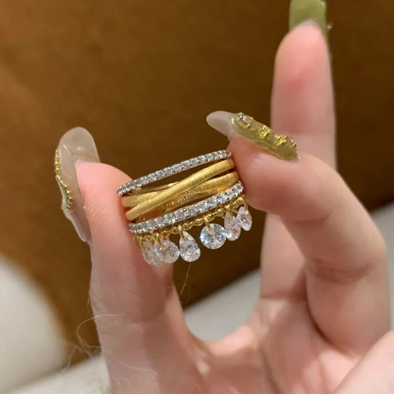 Elegant French Vintage Inspired TripleArm Ring with Flowing Tassel Design Diamondlike Embellishments for Fashion Accessory
