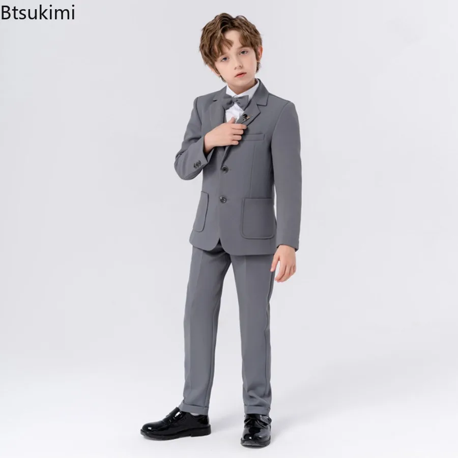 Kids Luxurious 5Pieces/Set Jacket Vest Pants Bowtie Brooch Party Dress Kids Graduation Photograph Suit Boys Performance Costume