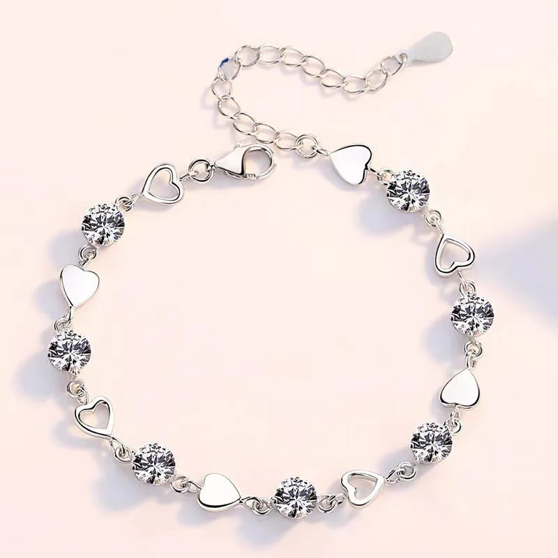 925 Sterling Silver Heart Zircon Bracelet for Women Girls Korean Fashion Sweet Cool Hollow Heart Bracelets Party Jewelry Gifts