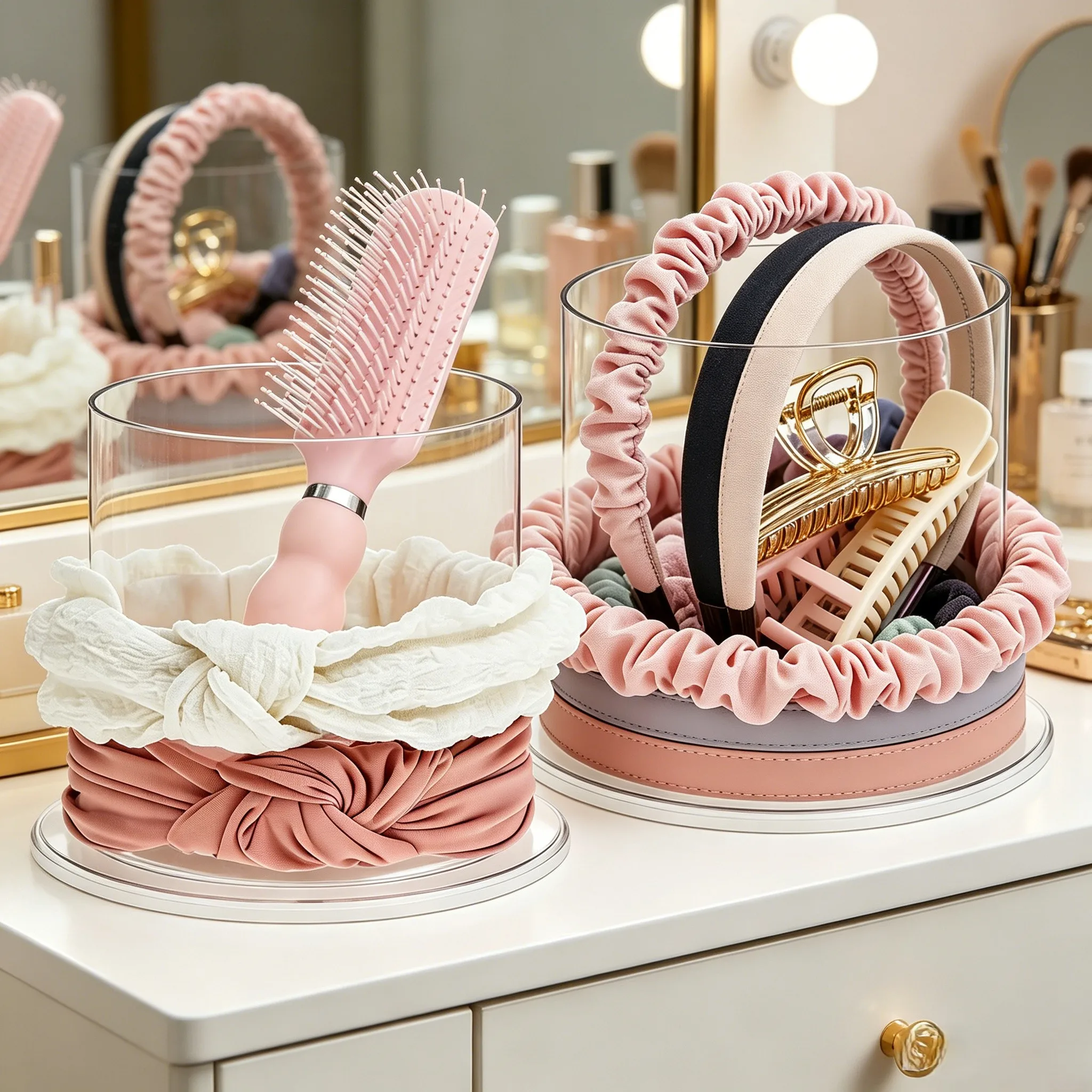 2 Piece Clear Hair Accessory Organizer Set for Brushes Combs Hair Ties Scrunchies with Dual Size Inner Hollow Space