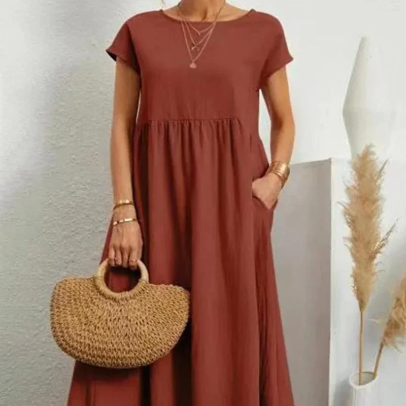 

Винтажное однотонное платье, повседневное длинное платье из хлопка и льна с короткими рукавами в стиле Харадзюку, женское летнее платье Vestidos De Mujer