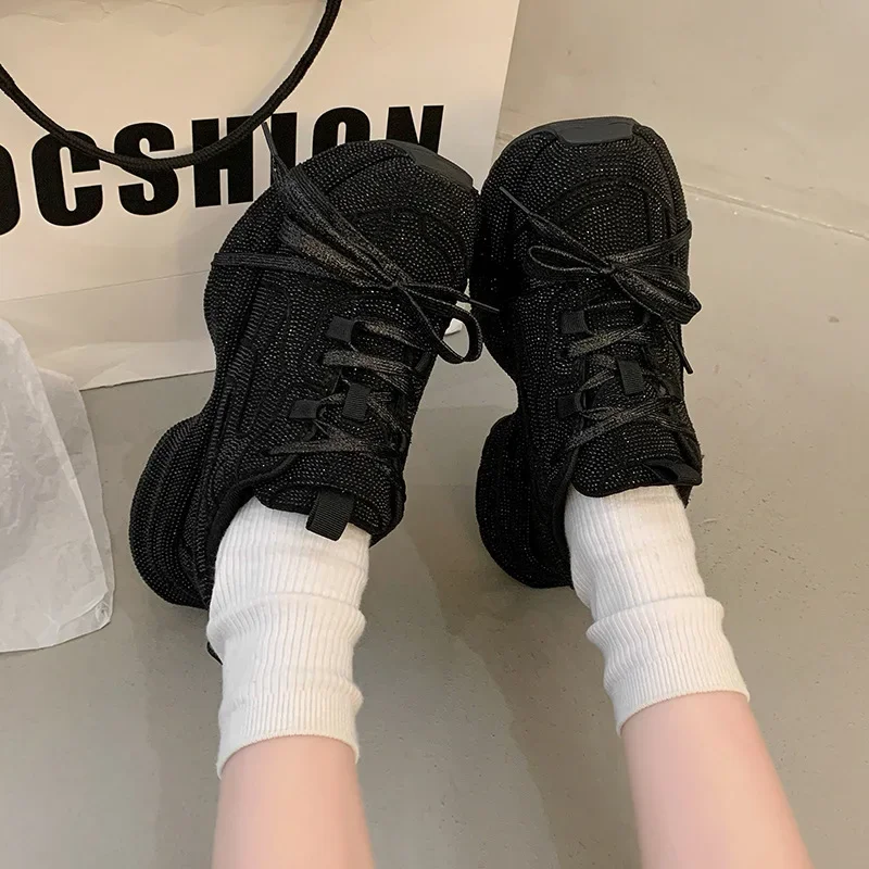 2025 Women's Dad Shoes Sparkling Rhinestone Thick Bottom Casual Sports Flashing Autumn Rubber Sole Non-Over Ankle view 2