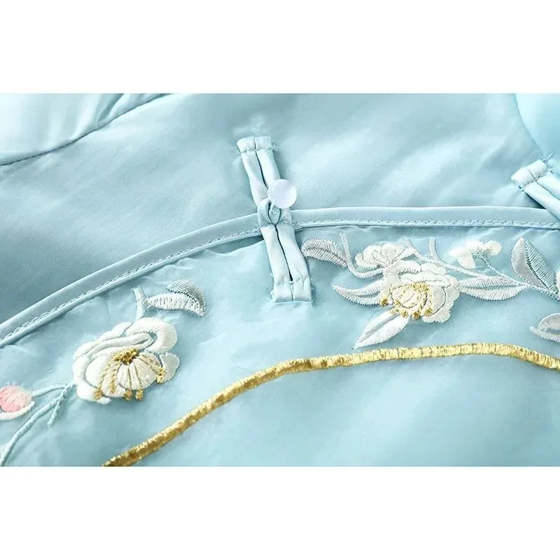 Ropa tradicional china de verano Para Mujer, Vestidos Cheongsam modernos modificados con cuello redondo y manga media azul, Elegantes Para Mujer