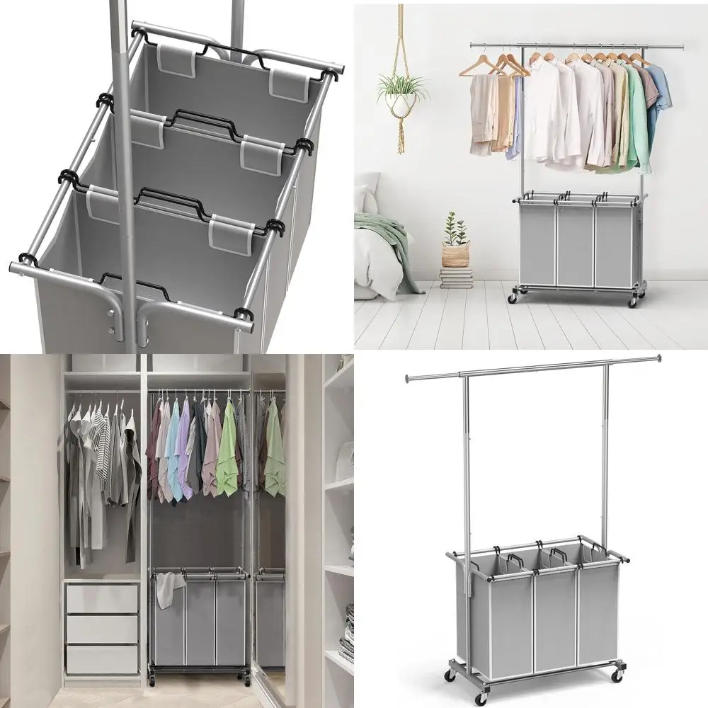 

Expandable Clothes Hanging Rack with 3-Section Laundry Organizer