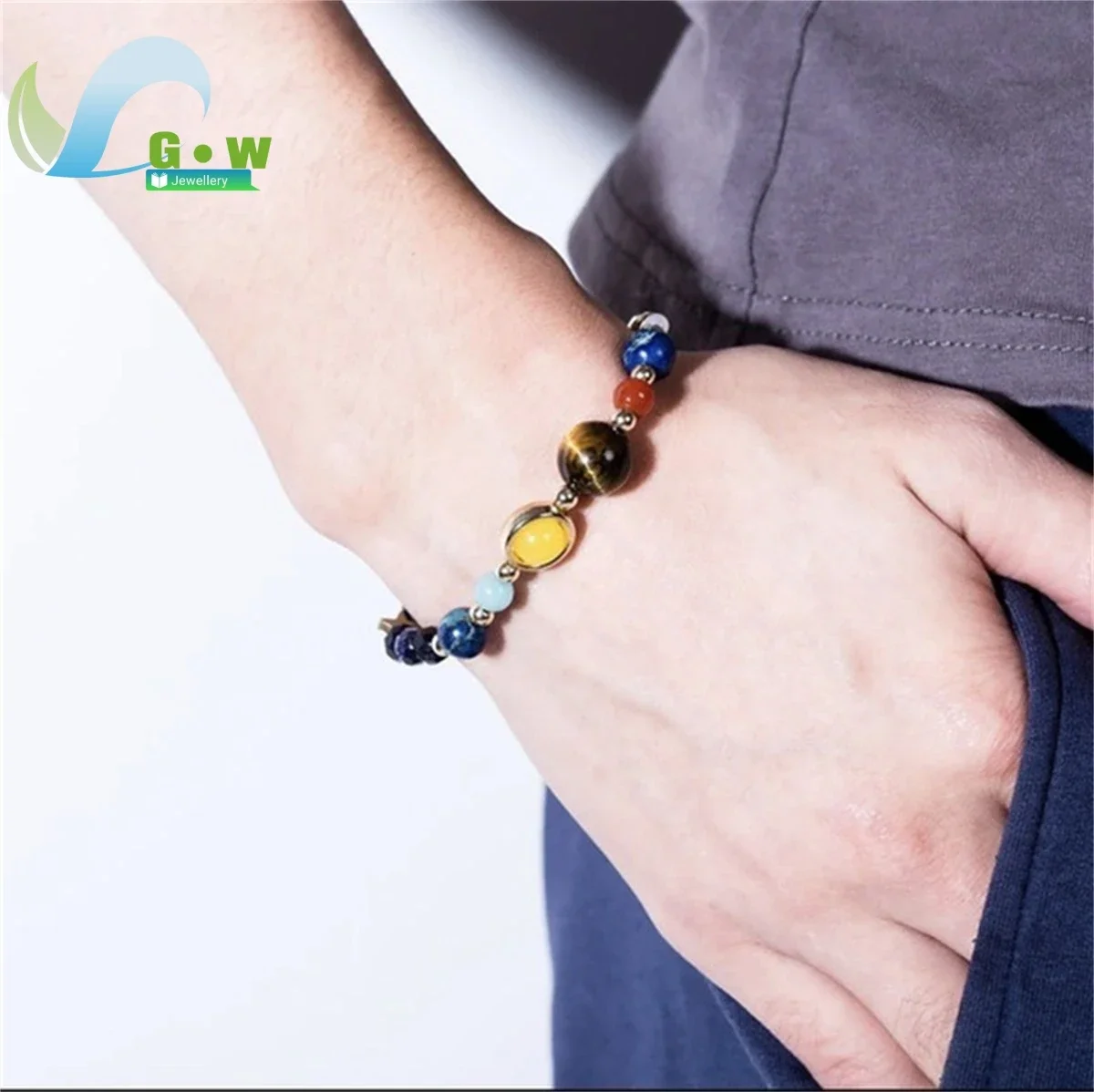 Handmade Universal Galaxy Guardian Star Eight Planets Blue Sandstone Bracelets Solar System Reiki Jewelry Gift for Women or Men