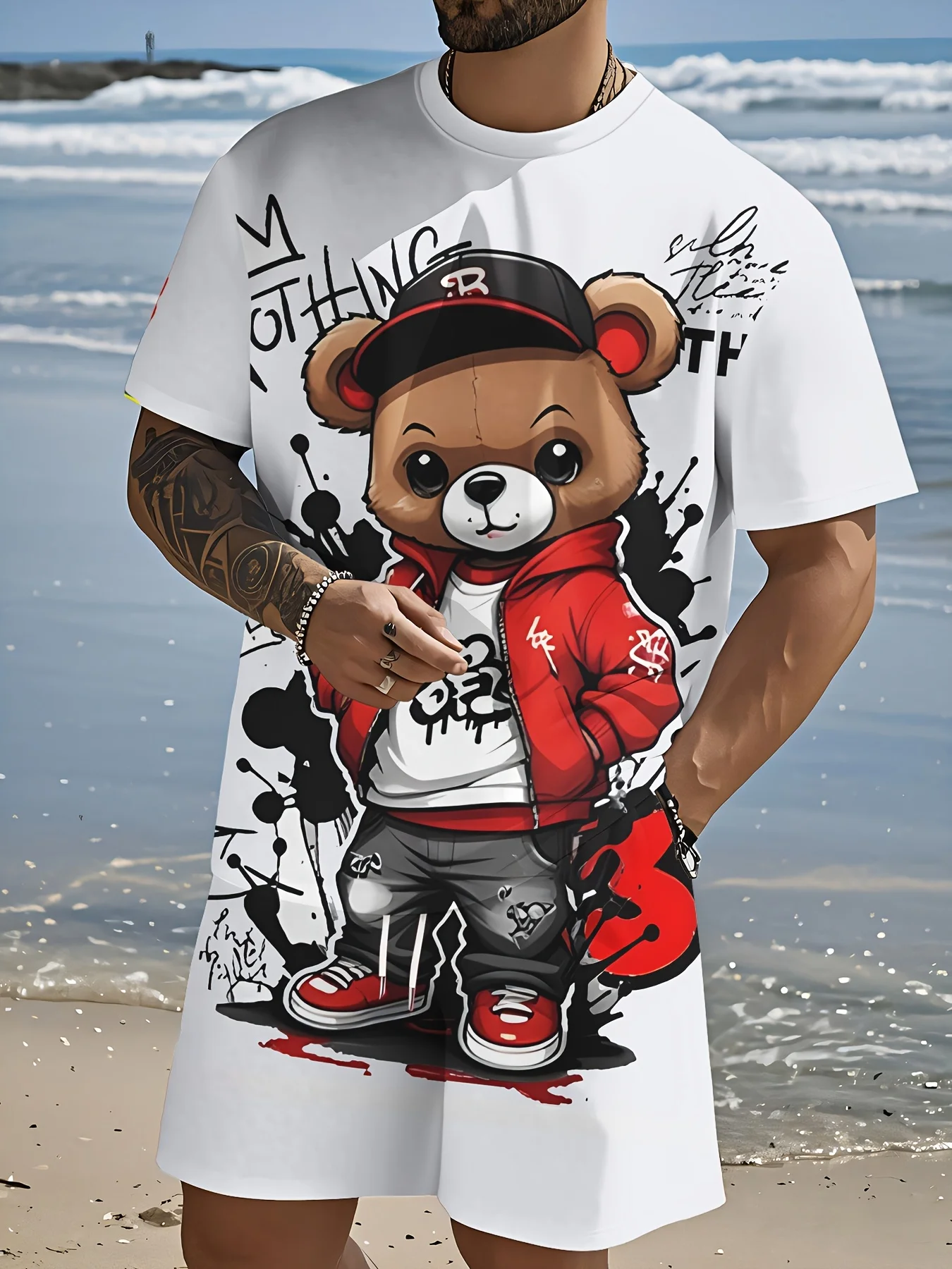 

New men's trendy teddy bear print micro elastic comfortable breathable round neck T-shirt shorts set summer outdoor streetwear
