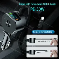 UYUXIO Multi Port USB C Car Charger Adapter PD 30W with Retractable Cable Super Fast with Voltage Display for Macbook iPhone