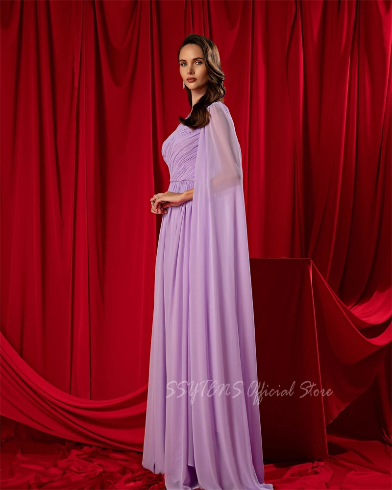 Graceful Arabic Purple A Line Beach Evening Dresses Chiffion One Shoulder Long Shawl Pleat Party Dresses Formal Occasion Dresses