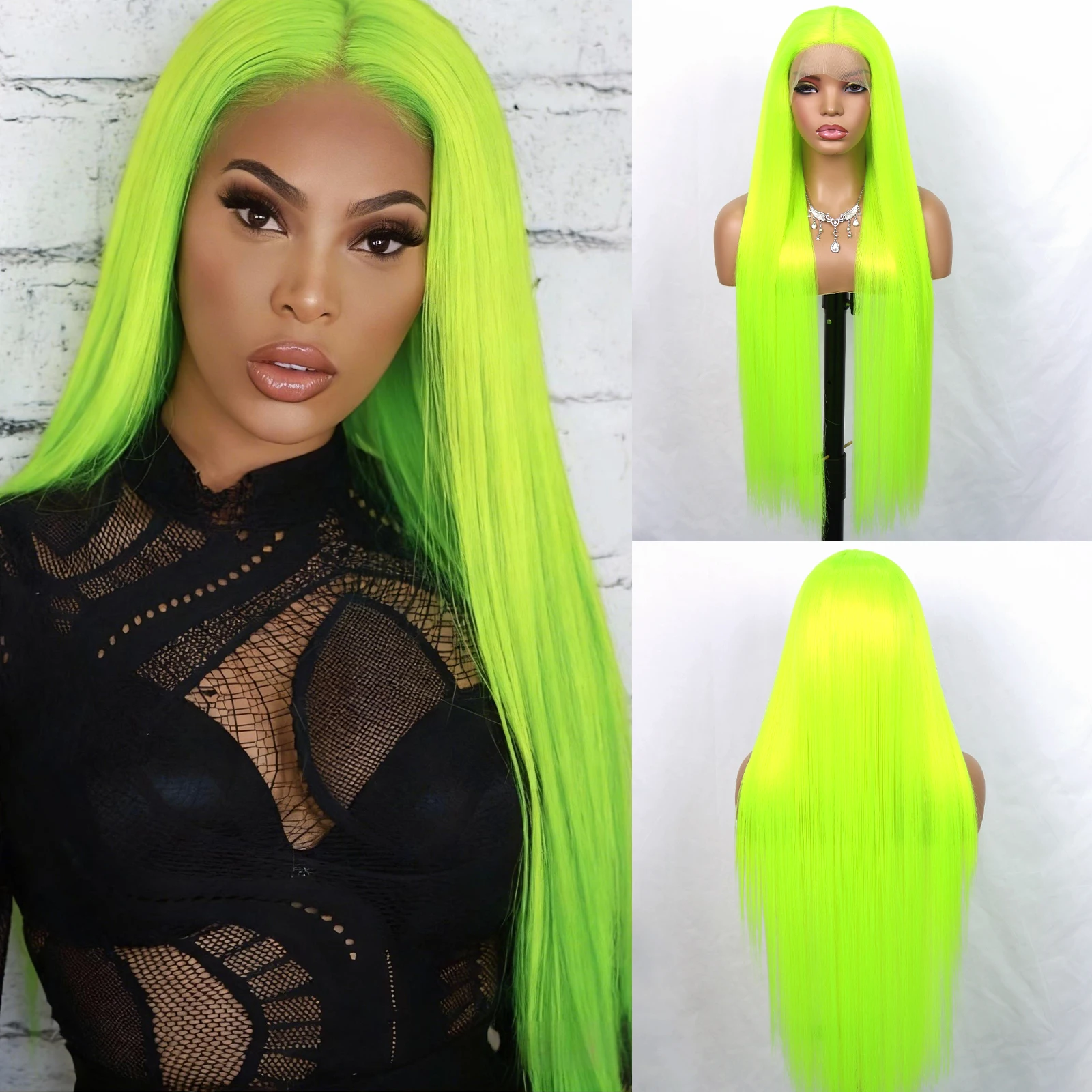 

Синтетический парик Aubree с кружевной передней частью 13x4x1, 32 дюйма, длинный прямой парик для женщин, неоново-зеленый, без клея, термостойкий