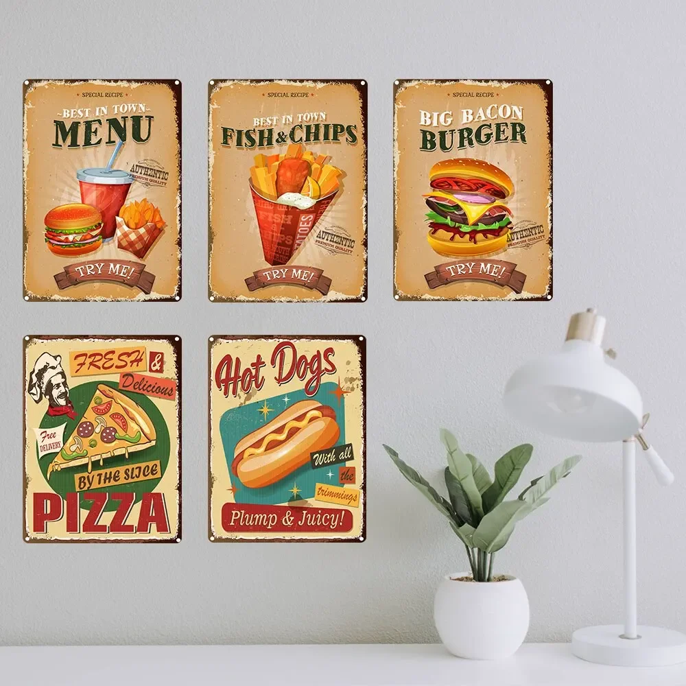 خمر شيكاغو ساندويتش تين علامات هوت دوج همبرغر لوحة معدنية جدار ديكور للمطبخ مقهى العشاء ملصق معدني ريترو