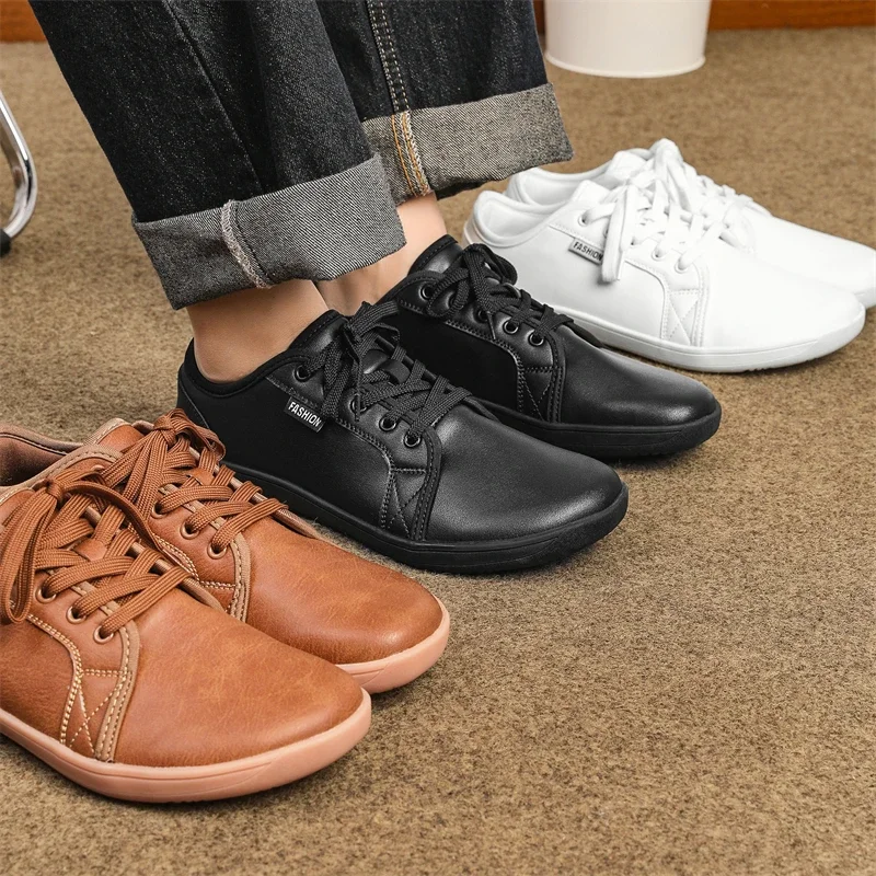 Wide Toe Barefoot Shoes Leather Casual Shoes Men Sneakers Outdoor Lace Up Business Walking Shoes Breathable Flat Size 37-48