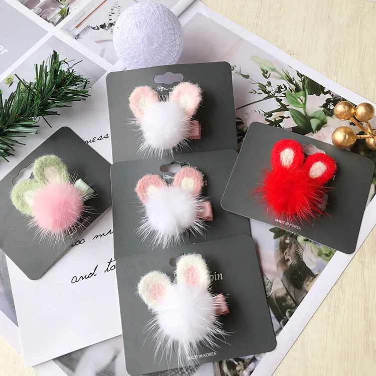 

30pcs/5C Cute Fur Pom Pom Hairpins Rabbit Ears Barrettes Hair Clips Fashion Headwear Boutique Hair Accessories for Girls