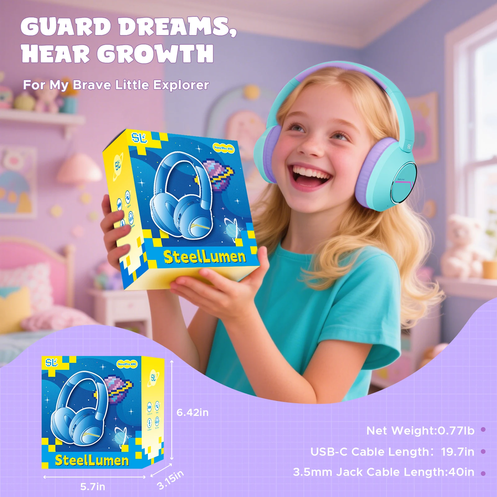 Kabellose Bluetooth-Kopfhörer für Kinder, aktive Geräuschunterdrückung, sichere Lautstärke, faltbares Headset mit Mikrofon für Kinder und Teenager – Detail 10