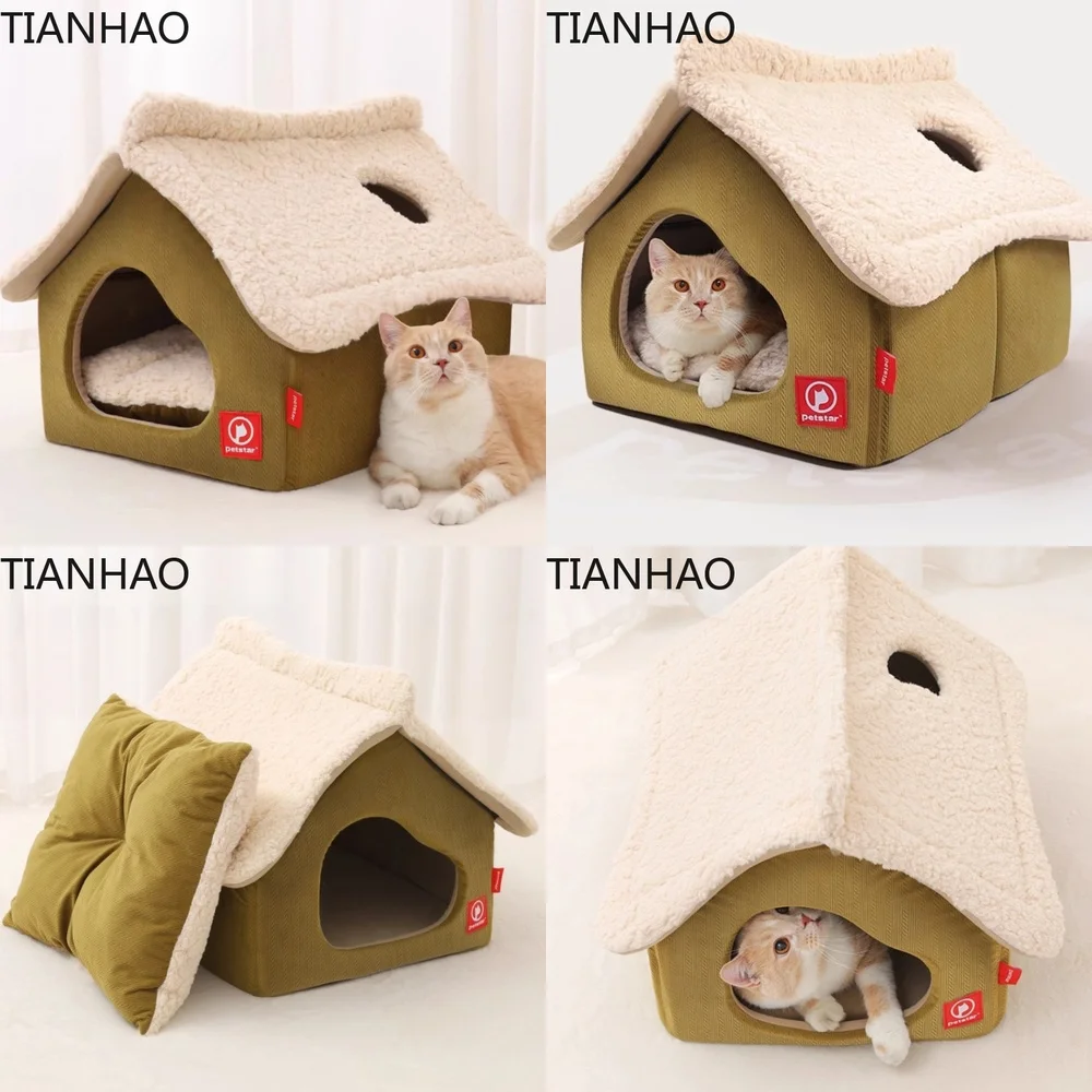 Semi-Enclosed Insulated Cat House for Indoor Outdoor Use Winter Warm Pet Shelter Removable Washable 3D Windproof Feline Villa