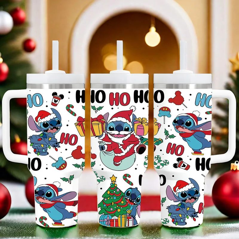 New Disney Cartoon Image Stitch Christmas Series Stainless Steel Suction Water Glass Office Desktop Thermos Cup Christmas Gifts