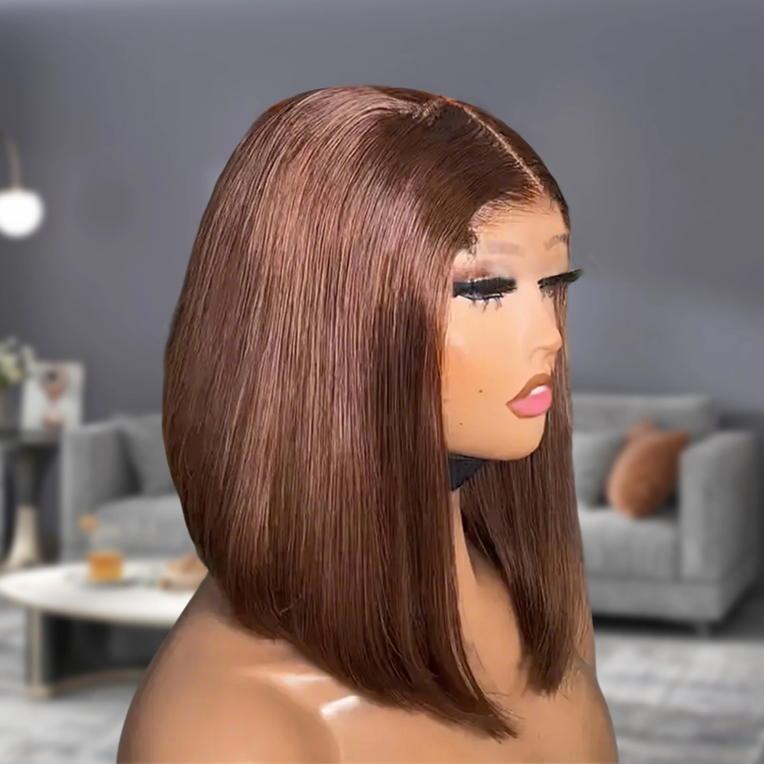 

Шоколад 200% Плотность 16 дюймов 13x4 Бразильские шелковистые волосы Невидимые короткие HD Прозрачный кружевной парик из человеческих волос Прямой парик Боб