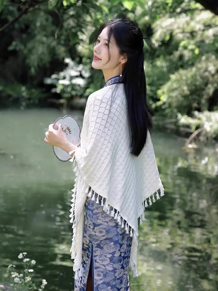 Women New Beige Knitted Tassel Shawl Chinese Style Cheongsam Dress Cover Up Versatile Openwork Light Cape For Summer Daily Wear
