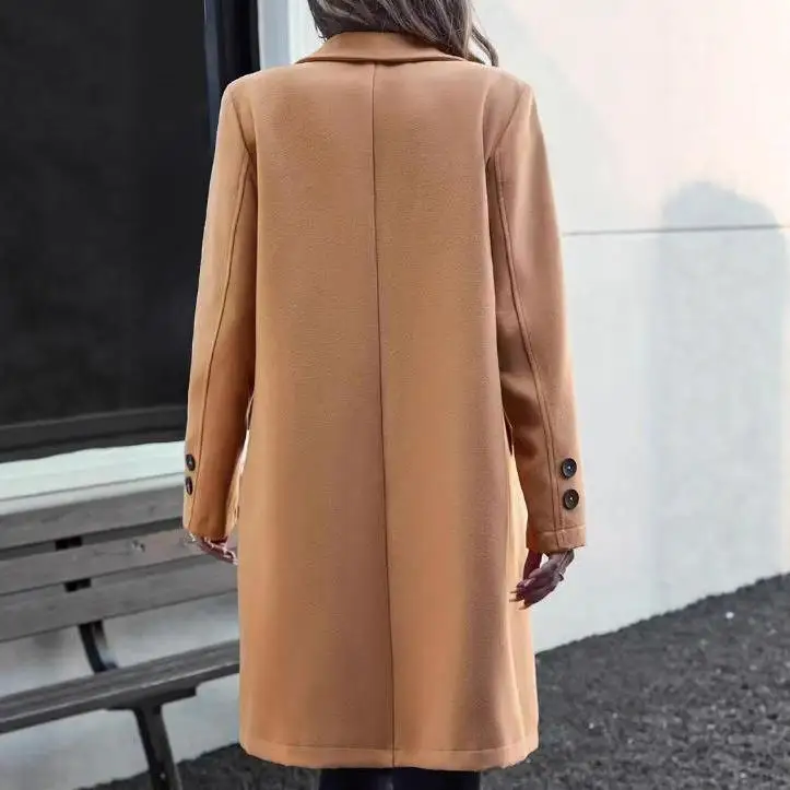 Ele Faionable Wełniany Płaszcz Damski Długi Jednorzędowy z Klapami Średniej Długości Casualowa Odzież Wierzchnia Jesień Zima Damska F...