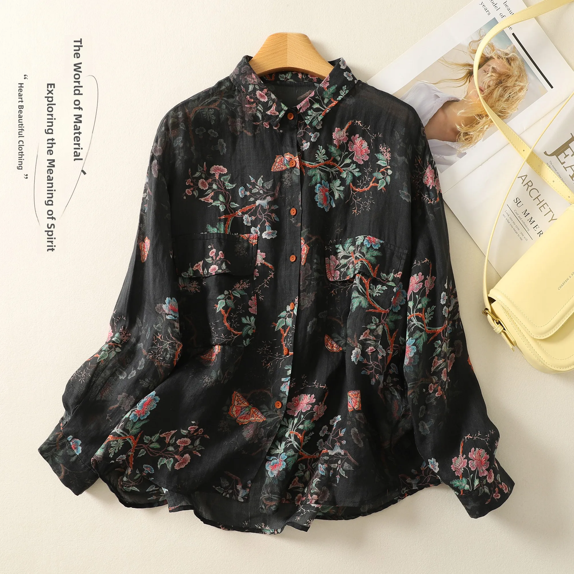 

Retro Artistic Print Cotton Linen Loose Long Sve irt Casual Open Cardigan Spring Women's plus Size Faion Leisure Wear