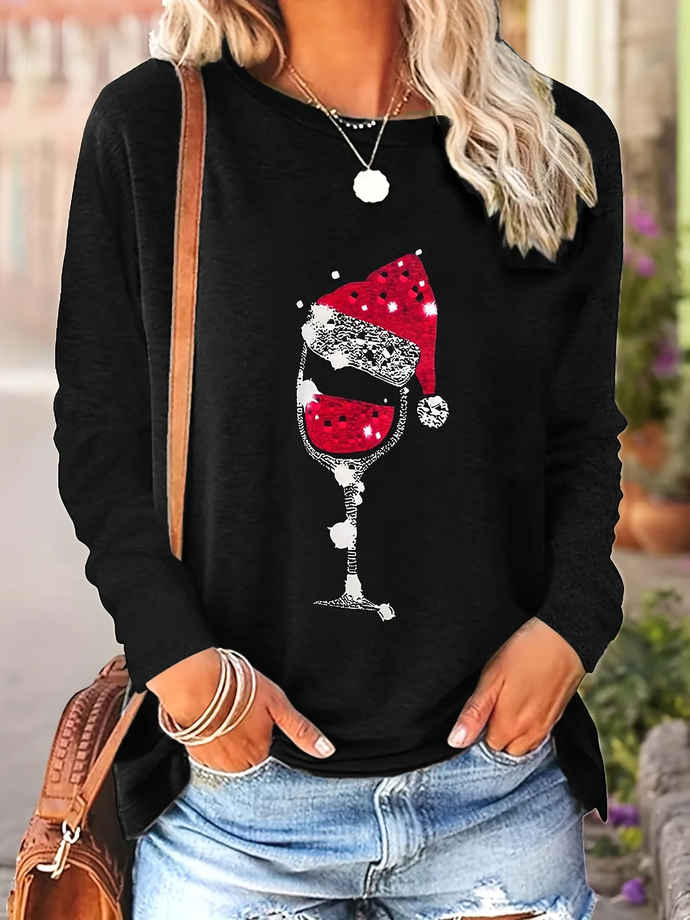 Women's Christmas tshirt black long sleeve tshirt Snowman and Jesus Cross Printed T-shirt Casual Round Neck Long Sleeve Top