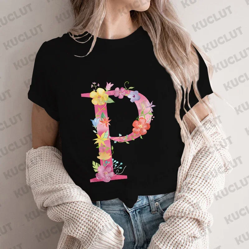 26 Alphabet Tee Shirt Lady Clothes A-Z Flower Letter Print T-shirts Casual Fashion Women Short Sleeve Tees Black Female Clothing