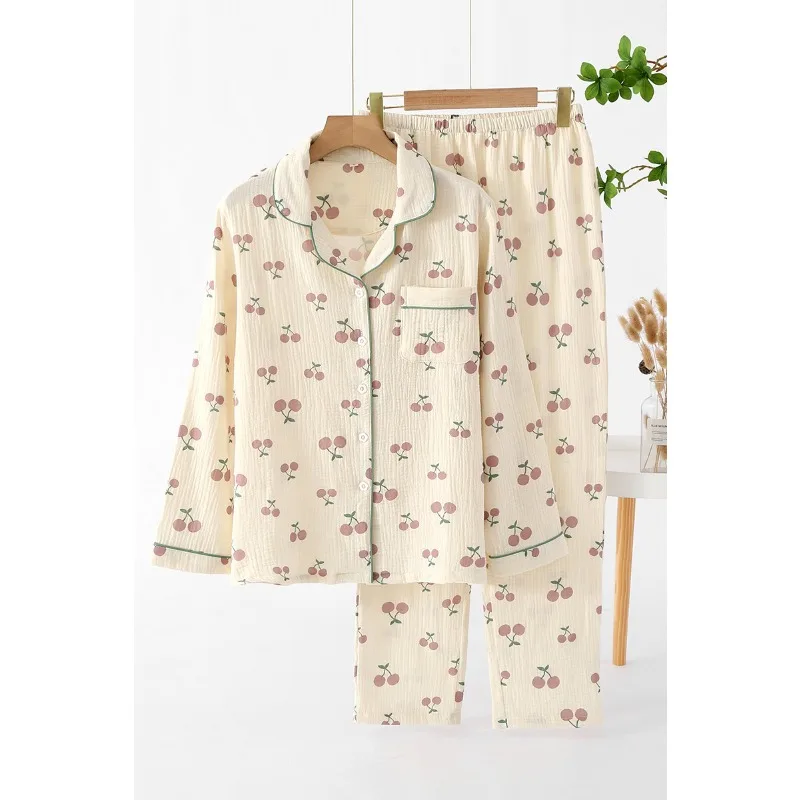 2025 Japanese New Style Ladies Pajamas Two-piece Long Sleeve Trousers Cactus 100% Cotton Crepe Simple and Comfortable Homewear