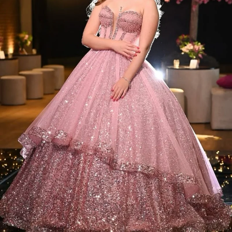 

Customized Shiny Pink Quinceanera Dresses Off the Shoulder glitter decal layering Tull Long tail Vestido 15 Quinceanera