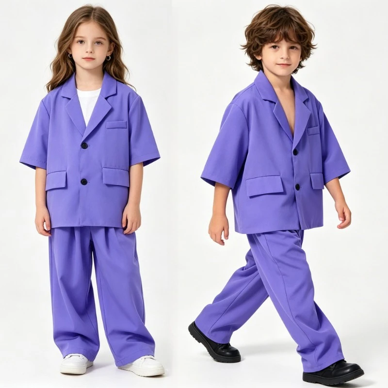 Kids Loose Short Sleeve Blazer Suit Wide Leg Pants Set Hip Hop Jazz Dance Stage Performance Boys Girls Casual Streetwear Outfit