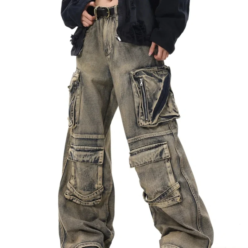 High Street Washed Distressed Pocket Jeans Men Women Loose Casual Cargo Pant Wide Leg Pants High Quality Denim Pant Men Trouser