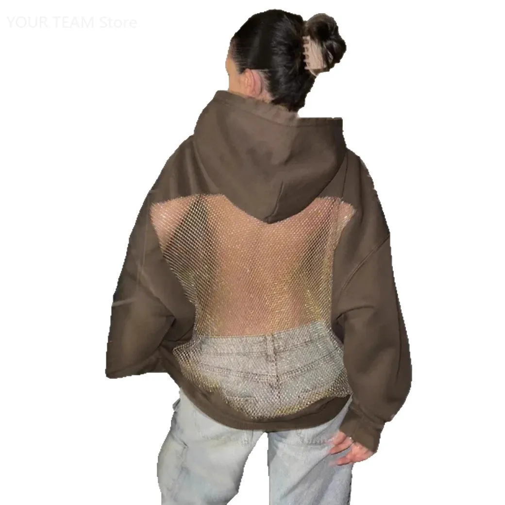 Sweat-shirt à capuche en maille ajourée pour femme, couleur unie, dos nu, à la mode, nouvelle collection automne hiver 2025