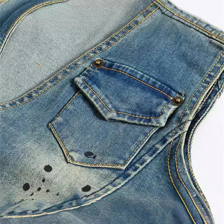 ربيع الخريف جديد أزياء الرجال الخامس الرقبة رش الحبر خمر الأزرق أكمام جان سترة عارضة العصرية سترة جينز معطف الشارع الشهير #5