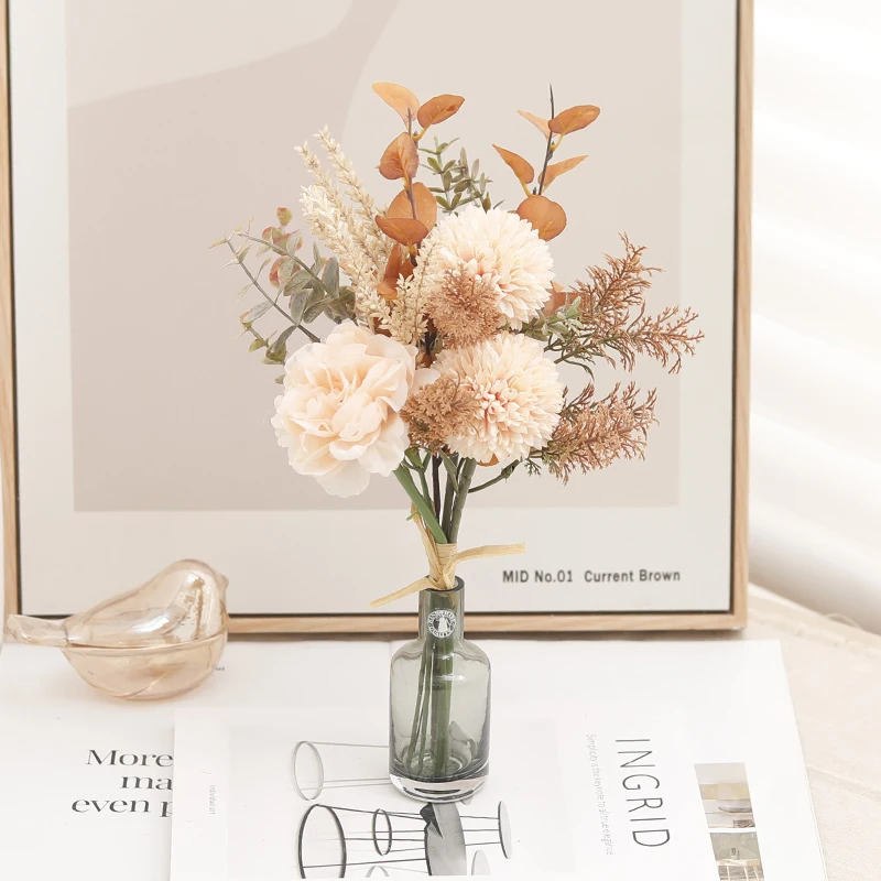 Champagne Artificial Flowers Silk Peony For Indoor Fake Floral Dandelion Ball Home Wedding DIY Decorations Bride Bouquets Crafts