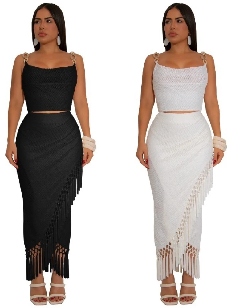 

Fashion Women's Dress Set Tank Tops and Side Split Tassel Midi Maxi Long Skirt Suit 2025 Holiday Two 2Piece Set Outfit