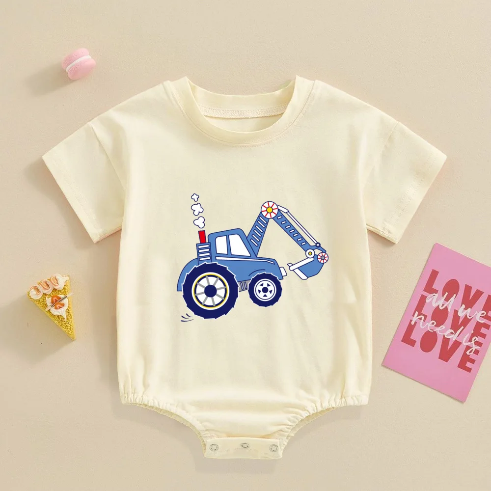 

Cartoon Truck Pattern Printed Bubble Romper Newborn Short Sleeve Boys Bodysuit Birthday Party Jumpsuit Summer Infant Clothes