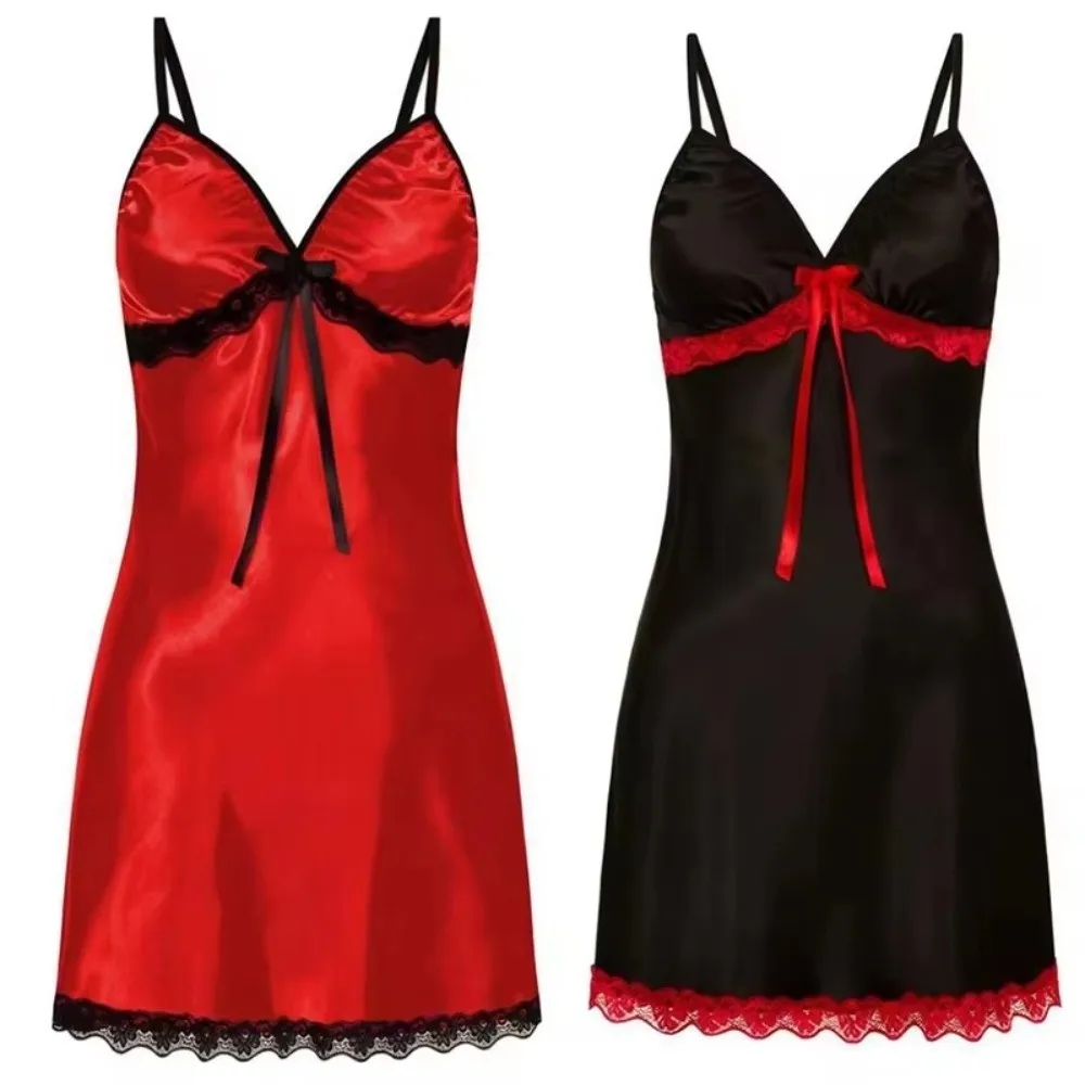 Fashion Satin Silk Nightdress V-neck Lace Floral Slip Dress Plus Size Sleeveless Lingerie Chemise