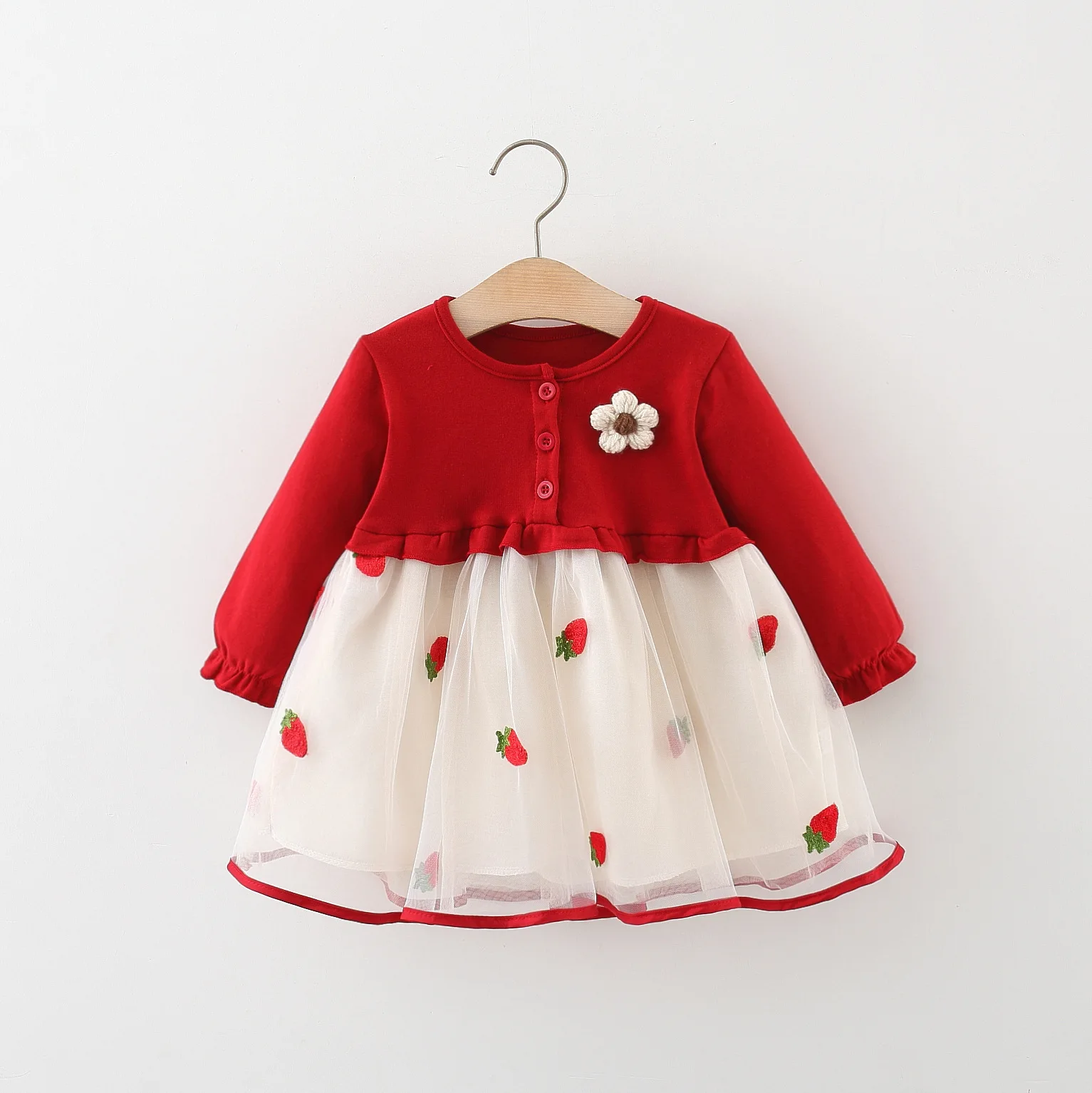 (0-3) Baby Girl Clothes Spring and Autumn Baby Girl Splicing Strawberry Embroidery Mesh Long Sleeve Dress Cute Princess Dress