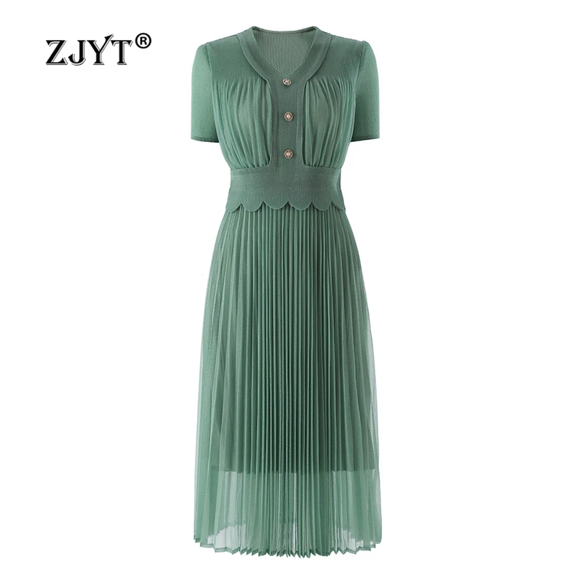 

ZJYT Elegant Dresses for Women 2024 Summer Clothes Short Sleeve V Neck Pleated Midi Dress Casual Vestidos Femininos Robe Femme
