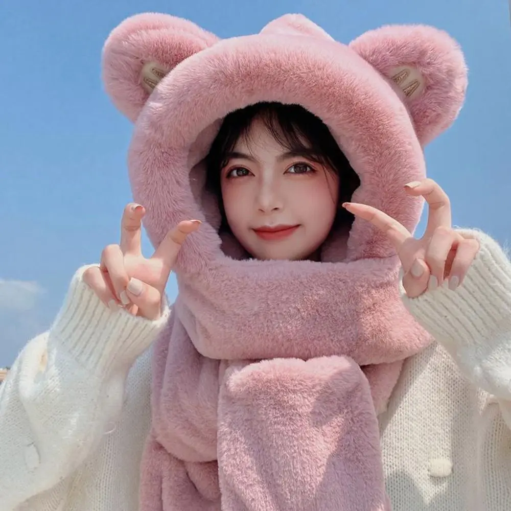 Casual Windproof Bear Ear Hat Plush Thickening Plush Hat Scarf Set Ear Protection Cap Winter