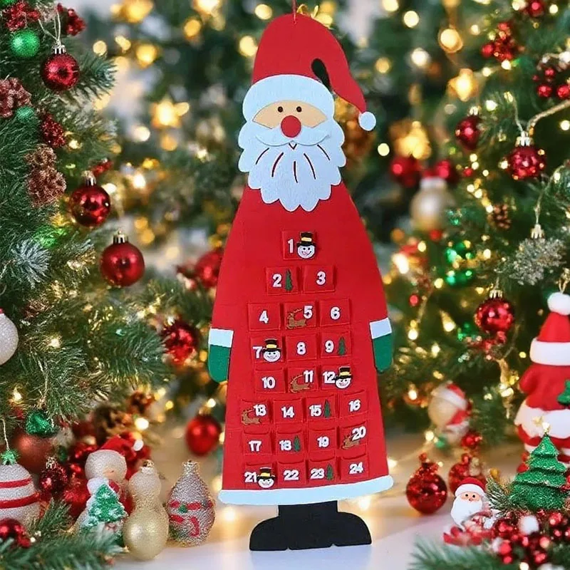 Festlicher Filz-Weihnachtsbaum-Adventskalender, Countdown-Wandbehang, wiederverwendbar, dekorativ, Geschenk, Weihnachtsmann-Ornamente, Party-Dekoration, Zubehör