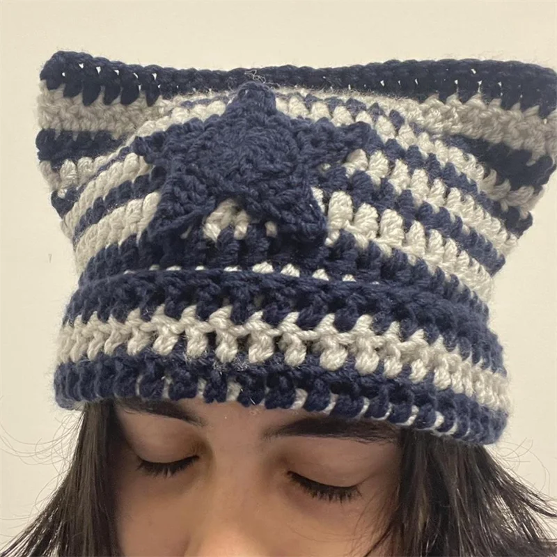 Fashion Y2K style Cute Star Devil Knitted Beanie Hat Ins Striped Knitting Wool Cap Autumn Winter Cat Ears Pullover Women Hats