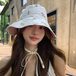 Korean Version of Sweet Floral Double-sided Bucket Hats Summer Travel Sun Protection Versatile Show Face Small Strap Women's Cap