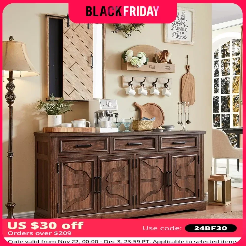 Sideboard Cabinet with 4 Door and 3 Drawers, Adjustable Shelves, The Three Drawers Provide Additional Space, Livingroom Cabinet