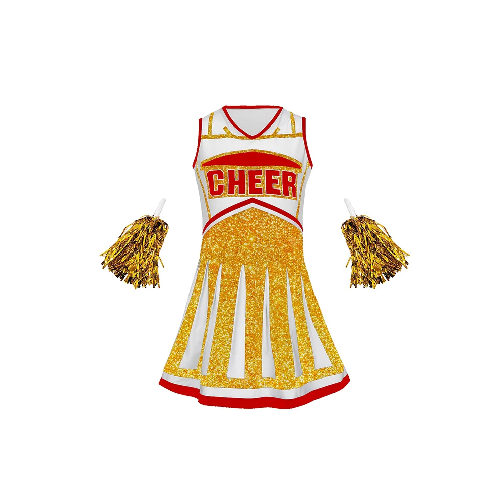 

Sleeveless Cheerleading Football Babe Performance Costume Women's Dress Set With Hand Flower Accessories Gold Sports Uniform